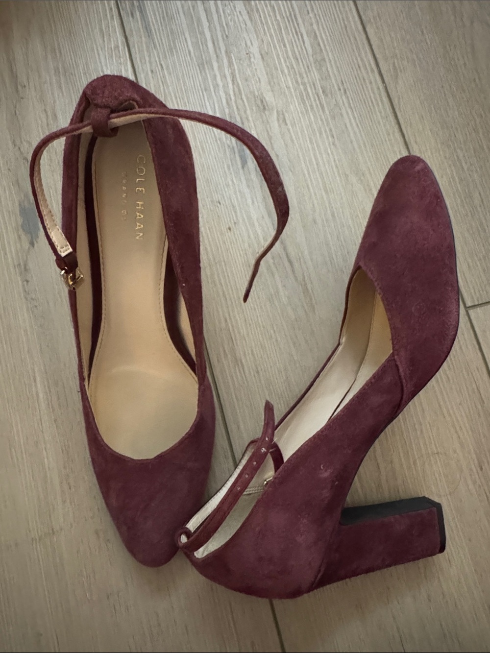 Cole Haan Women's Burgundy Suede Ankle-Clasp Block Heels